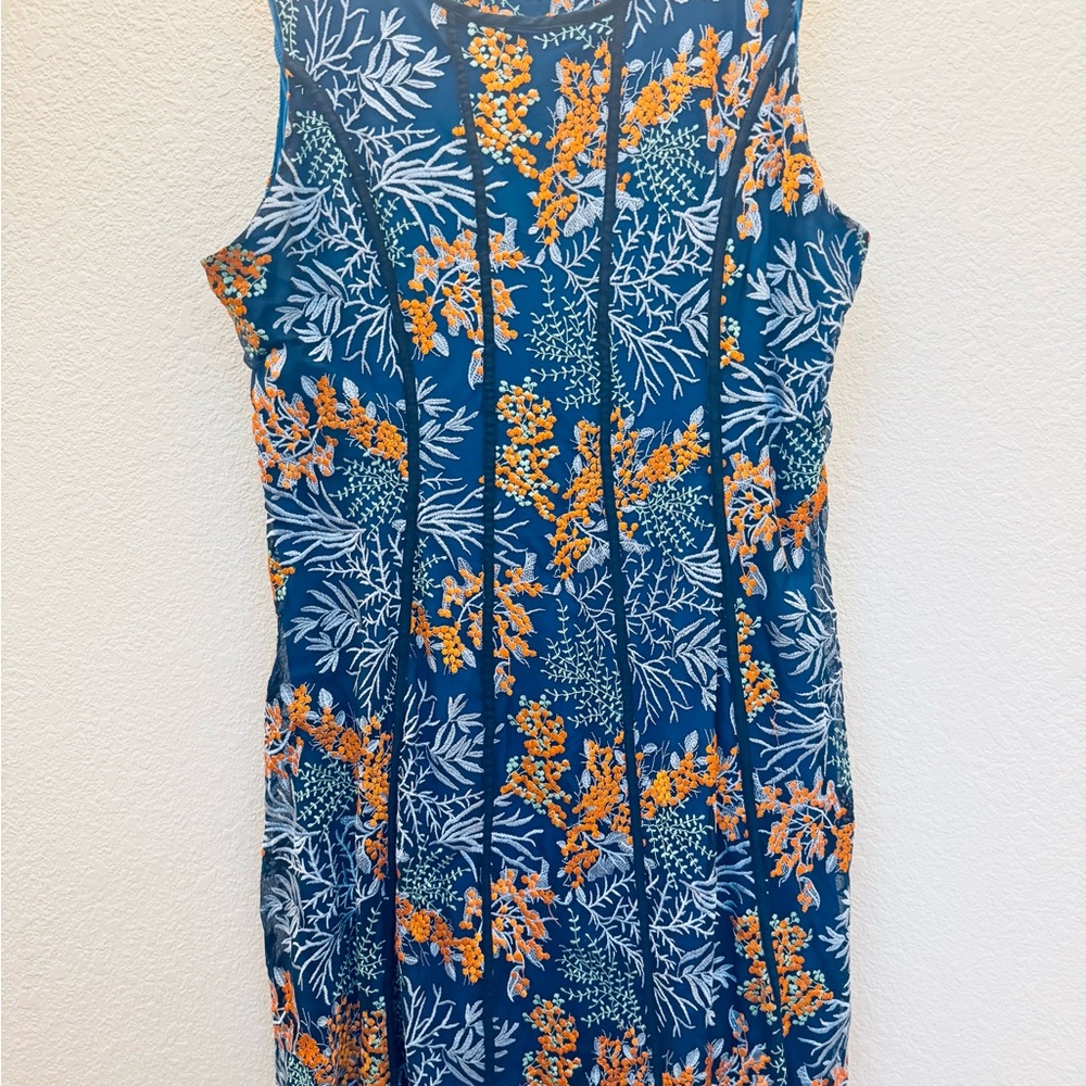 2X Reba Woman Embroidered Blue + Orange Floral Dress w/elastic waistband at back - Picture 6 of 6